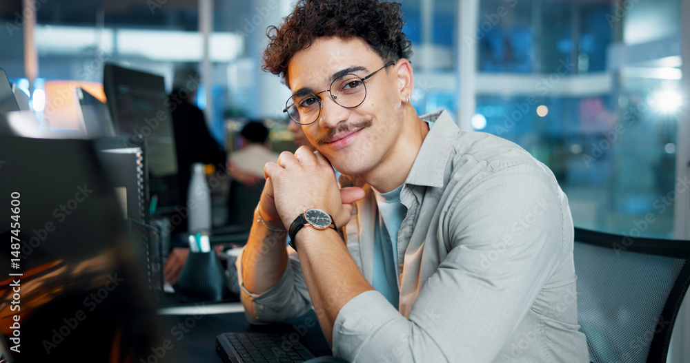 Poster Office, businessman and portrait with computer for programming, web development deadline or smile. Professional career, night and male programmer with tech for coding, software update and information