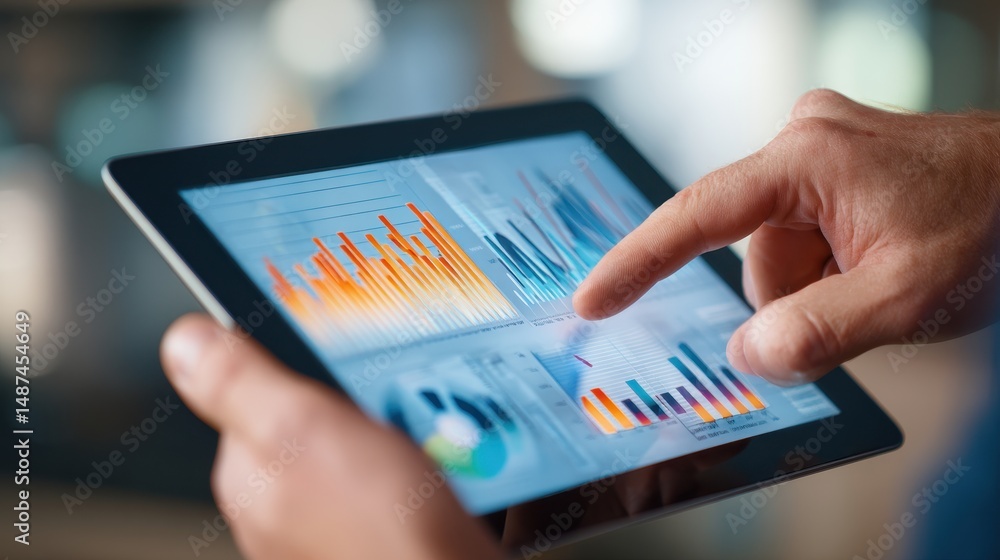 Aufkleber close-up of a hand interacting with a tablet displaying colorful data charts and graphs in a modern 