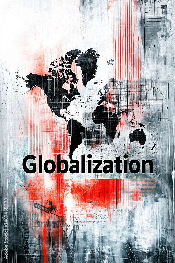 Poster globalization concept with world map on a red and black grunge background.
