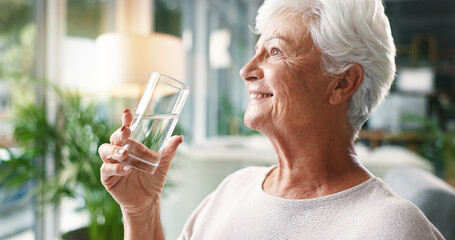 Home, drinking water and senior woman with smile, wellness or hydration with morning routine. Nutrition, pensioner or elderly person in lounge, thirsty or liquid with health in retirement or relaxing