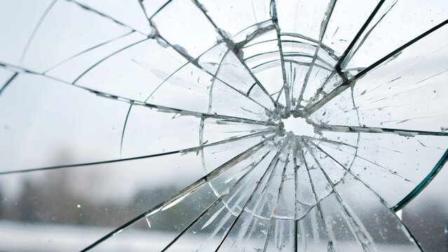 A shattered windowpane reflecting the fragility of hope and resilience after adversity against a soft overcast light