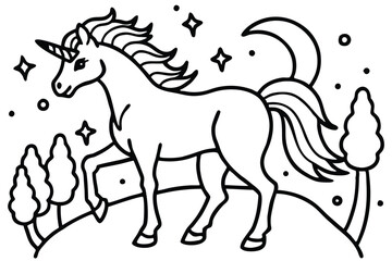 Outline of a unicorn with stars and moon stands gracefully in a magical landscape