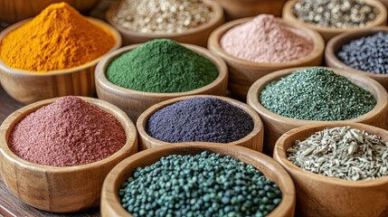 Colorful Spice Powders in Wooden Bowls at a Market