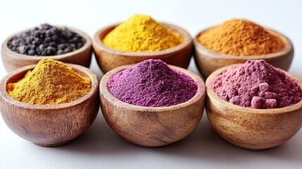 Colorful Spice Powders in Wooden Bowls at a Market