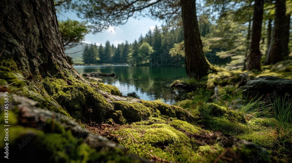 Poster scenic view of lake in pine forest with rock and trees concept. a tranquil scene showcasing lush mos