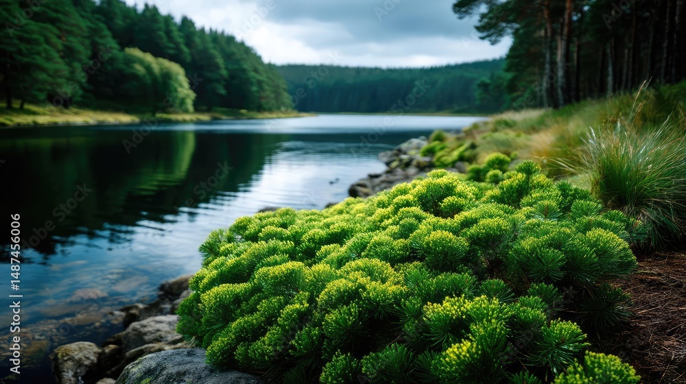 Poster scenic view of lake in pine forest under cloudy blue sky concept. lush greenery by a serene lake und
