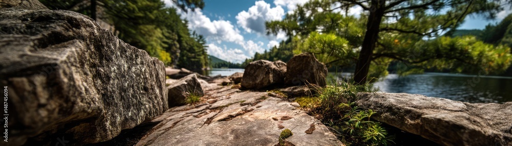 Poster scenic view of lake in pine forest with rock and trees concept. serene lakeside view with rocks and 