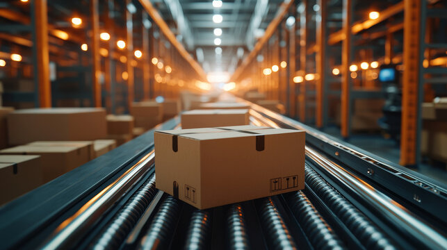 Close-up view of cardboard packages moving smoothly on a conveyor belt in a warehouse fulfillment center, capturing e-commerce, delivery, automation, and product handling
