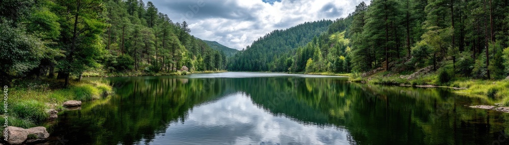 Poster scenic view of lake in pine forest under cloudy blue sky concept. serene lake reflecting lush green 
