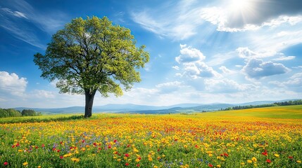 Colorful Wildflower Meadow Beneath Sunny Blue Sky