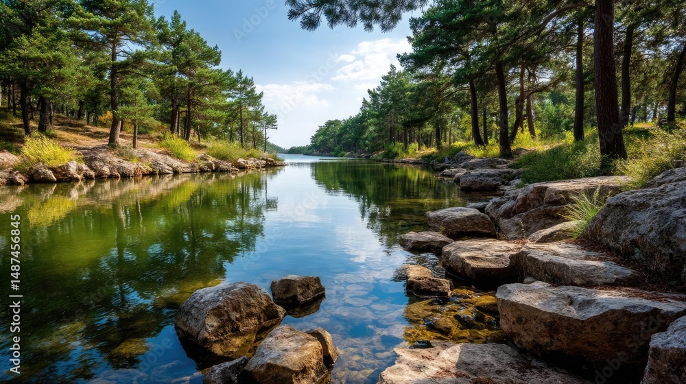 Poster Scenic view of lake in pine forest with rock and trees concept. A serene landscape showcasing a peaceful river and greenery.