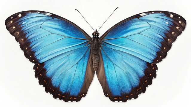 Beautiful blue morpho butterfly displaying open wings against a clean white background