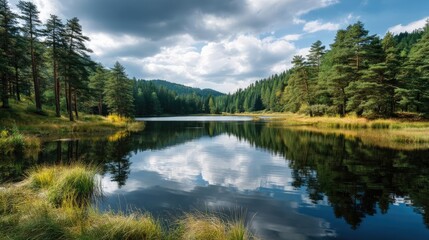 Obraz premium Scenic view of lake in pine forest under cloudy blue sky concept. Serene lake reflecting clouds and pine trees under a blue sky.