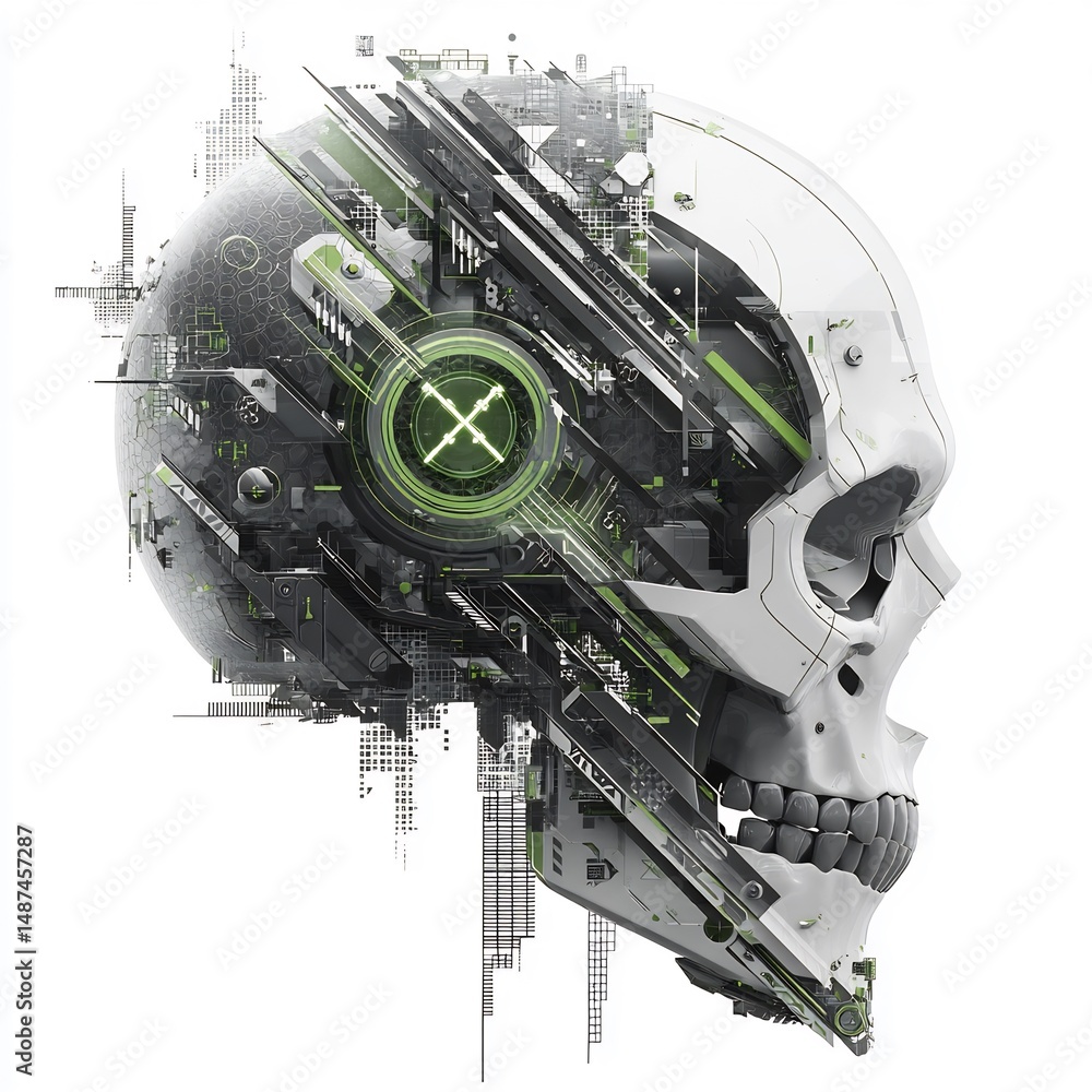 Poster digital deconstruction: a cybernetic skull in fragmented technological display