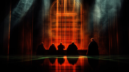 Silhouettes of a council of figures observing a glowing arched window in a dark, reflective room.