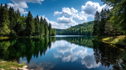 Obraz premium Scenic view of lake in pine forest under cloudy blue sky concept. Beautiful lake surrounded by lush green trees and blue skies.