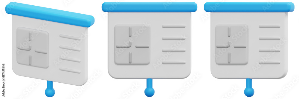 Poster set of 3d rendered white flip charts with blue headers and data grids 3d render icon illustration