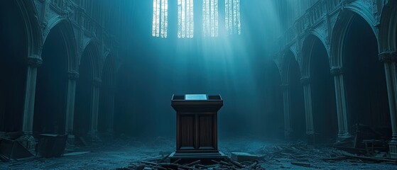 Mysterious abandoned church interior with podium.