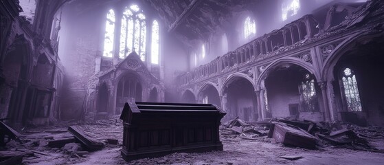 Ruined church interior, ethereal purple tones.