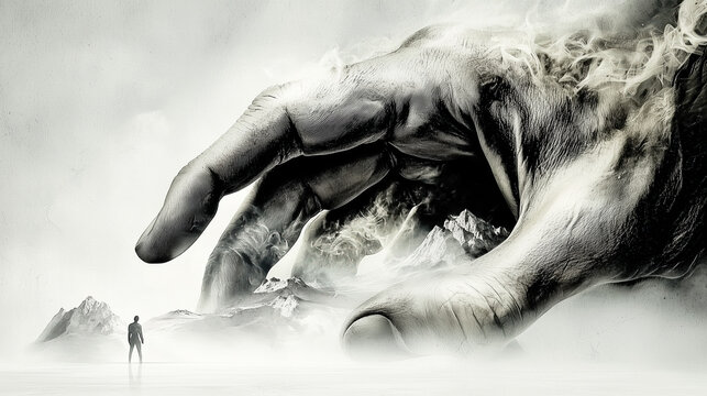 Colossal divine hand dissolving into dust before a tiny human figure in a surreal landscape.