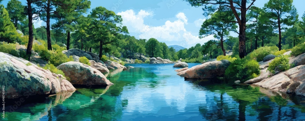Aufkleber scenic view of lake in pine forest with rock and trees concept. tranquil river scene surrounded by v
