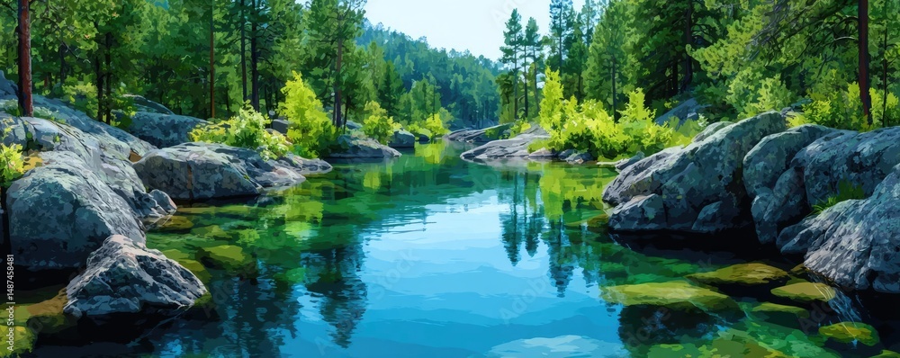 Aufkleber scenic view of lake in pine forest with rock and trees concept. serene river surrounded by lush fore