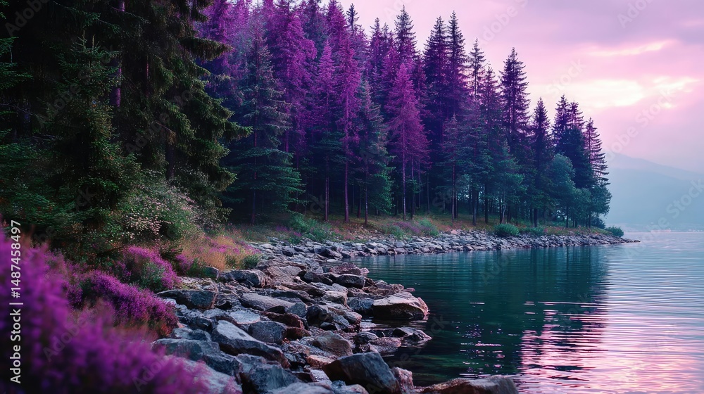Poster scenic view of lake in pine forest with rock and trees concept. peaceful lakeside with vibrant trees