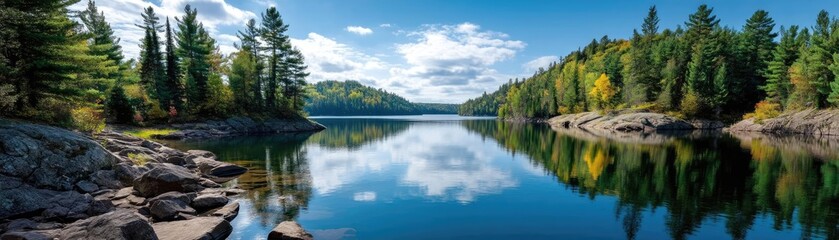Scenic view of lake in pine forest with rock and trees concept. Serene lake surrounded by trees under a blue sky with clouds.