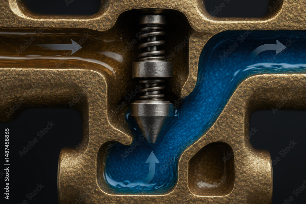 Poster hydraulic mechanism controls fluid flow through metal valve system with arrows indicating direction 