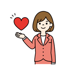 片手でハートを持つ、若い女性会社員のベクターイラスト素材＿線幅の編集可能＿カラー