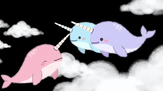Cute Pastel Narwhals Floating in a Cloudy Sky Cartoon Marine Mammal Illustration