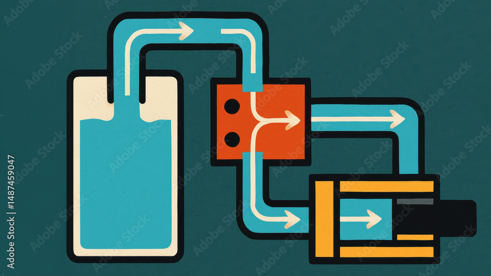 Poster hydraulic mechanism diagram illustrates fluid flow through pipes and components to operate machinery
