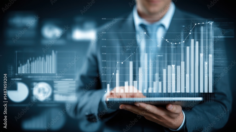 Aufkleber business professional using tablet for digital data analysis with financial charts and graphs in mod