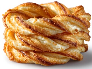 Three golden brown twisted pastry s are stacked neatly on a white background showcasing their delicious flaky texture and inviting aroma.