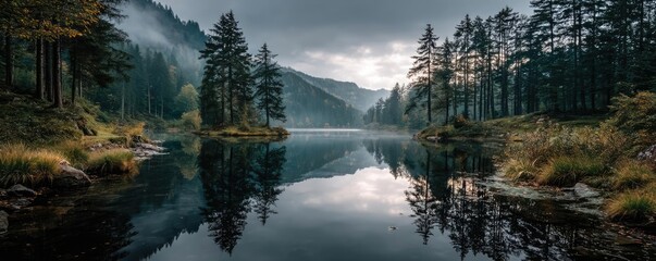 Fototapeta premium Scenic view of lake in pine forest under cloudy blue sky concept. Tranquil lake surrounded by misty mountains and lush pine trees.