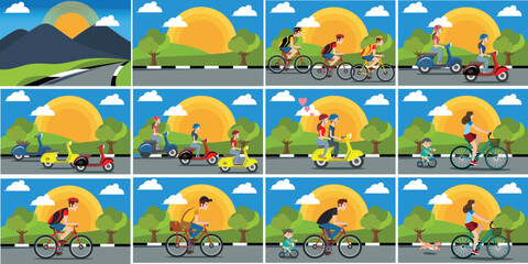 set Illustration design ride a scooter in the mountains, vector illustration