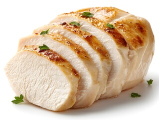 A delicious roasted chicken breast is sliced and garnished with fresh parsley on a white background for healthy eating.