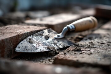 Trowel with wooden handle on brickwork
