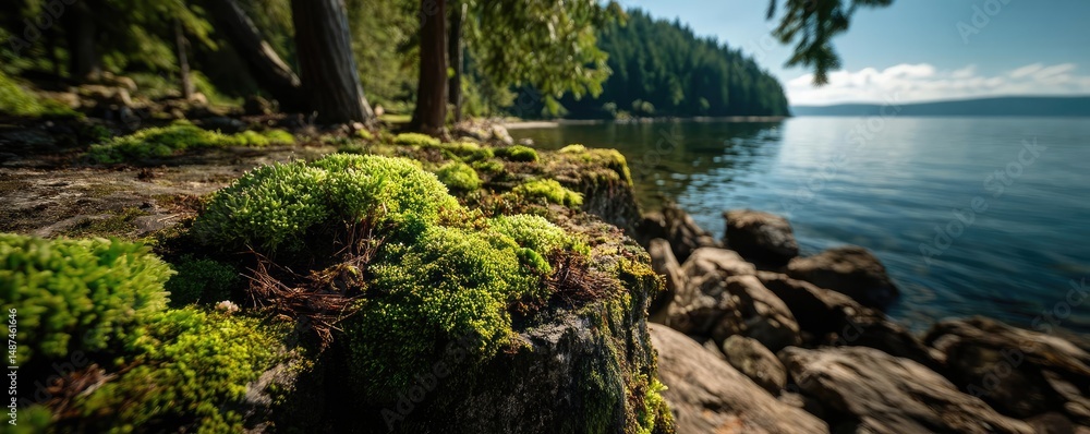Poster scenic view of lake in pine forest with rock and trees concept. scenic view of moss-covered rocks by