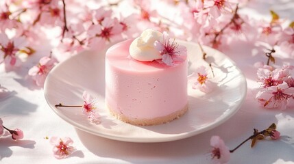 Exquisite pink blends with soft Japanese colors, placed on an elegant white plate with soft shadows at the edges. Mousse cake is presented in a natural 