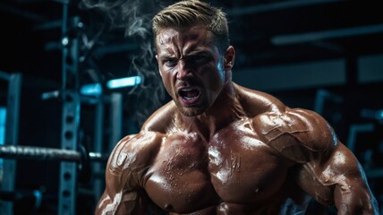 Intense bodybuilding competition with muscular male athlete demonstrating strength and focus in a gym setting