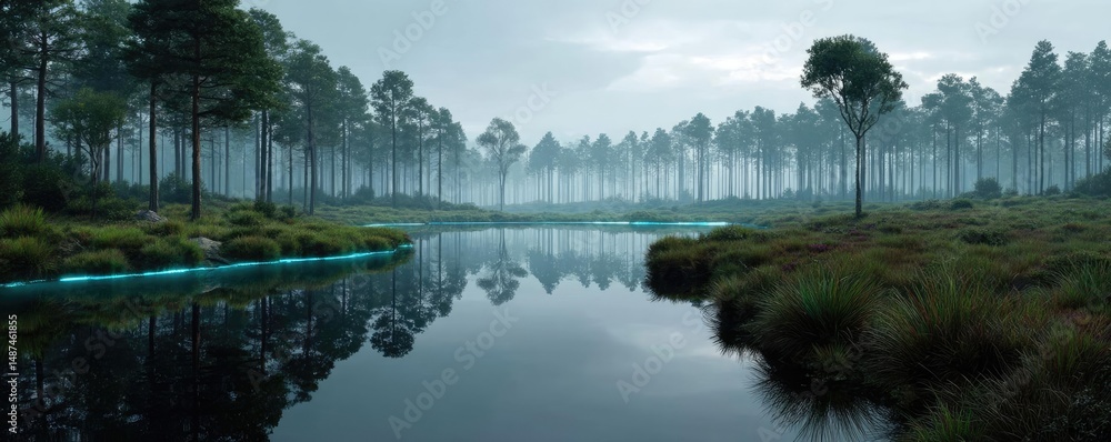 Poster scenic view of lake in pine forest under cloudy blue sky concept. serene forest landscape with mist 