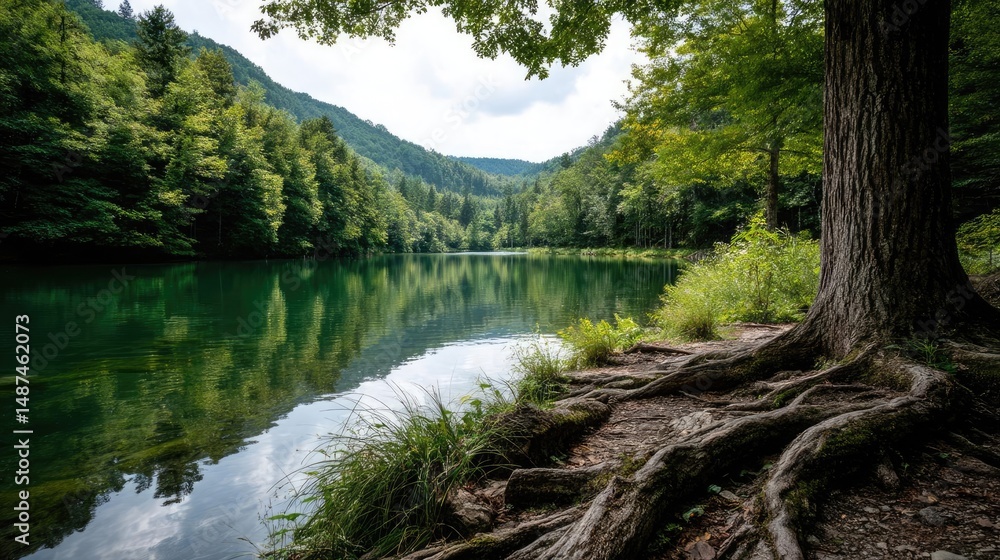 Aufkleber scenic view of lake in pine forest under peaceful nature concept. serene view of a lake surrounded b