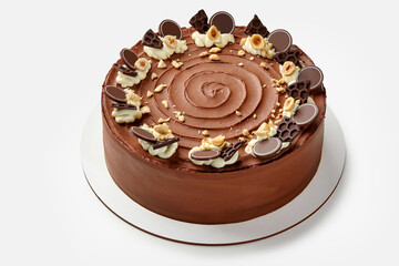 Delicious chocolate hazelnut cake decorated with chocolate decorations and whipped cream