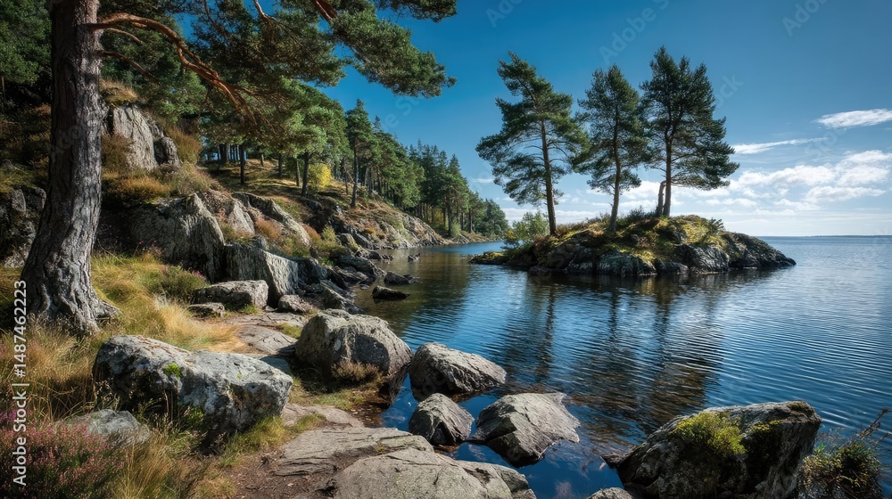 Aufkleber scenic view of lake in pine forest with rock and trees concept. idyllic lakeside scenery with trees 
