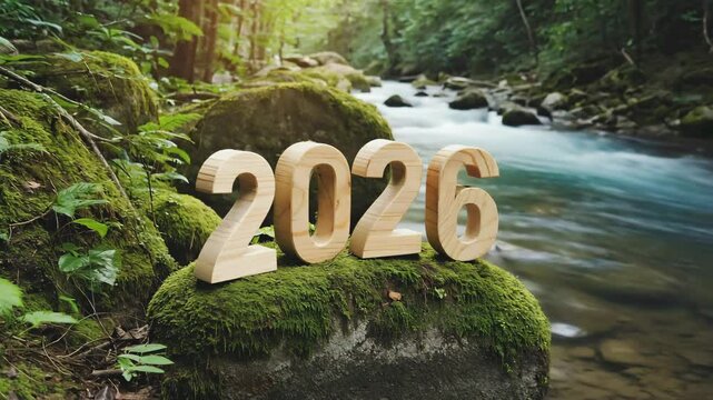 3D wood text 2026 on the roack waterfall and landscape view background , Video.