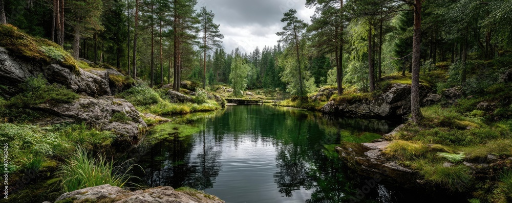 Poster scenic view of lake in pine forest under peaceful nature concept. a serene forest landscape with a c