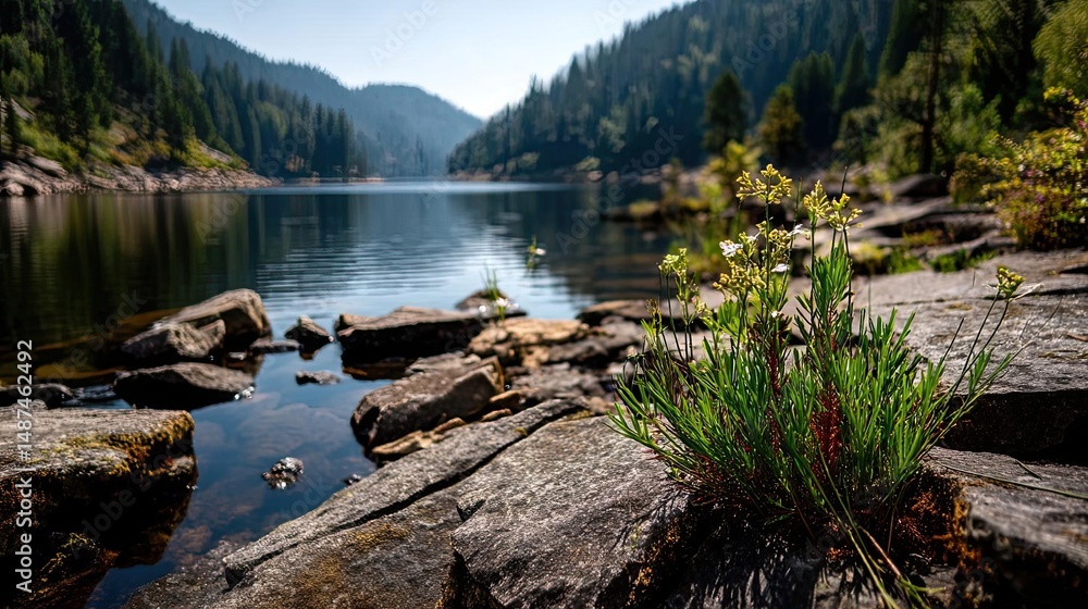 Poster scenic view of lake in pine forest with rock and trees concept. a serene lakeside scene featuring ro