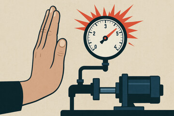 Hand stops hydraulic mechanism as pressure gauge signals critical level warning with red alert symbol behind dial