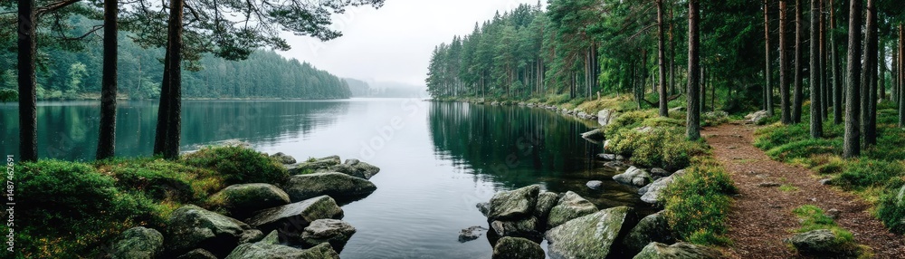 Poster scenic view of lake in pine forest under peaceful nature concept. serene lake surrounded by lush gre